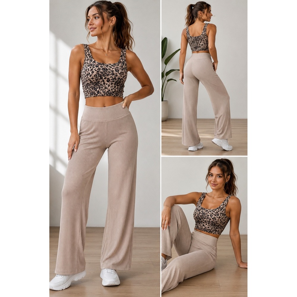 Ribbed Lounge Set Leopard Print Crop Tank & Wide‎ Leg Pants Tan Size 4